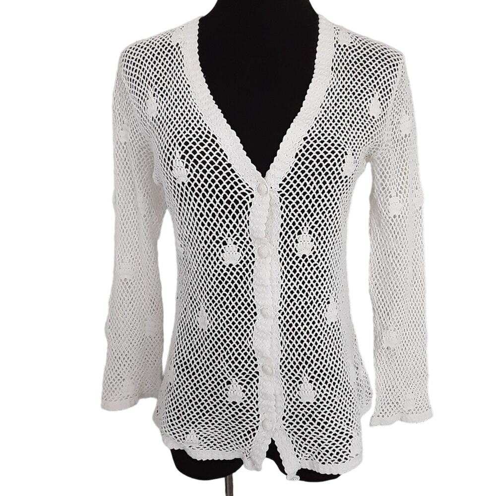 Vintage 80s Fishermen Net Crochet Cardigan Sweater White 100% Cotton Sheer Boho